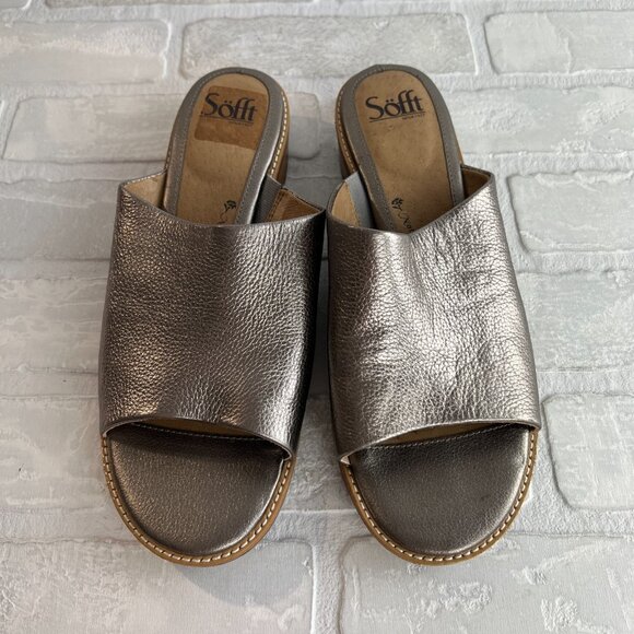 Sofft Slides Slip On Sandals Womens‎ 10 Metallic Pewter Low Wood Heel Open Toe - Picture 7 of 11